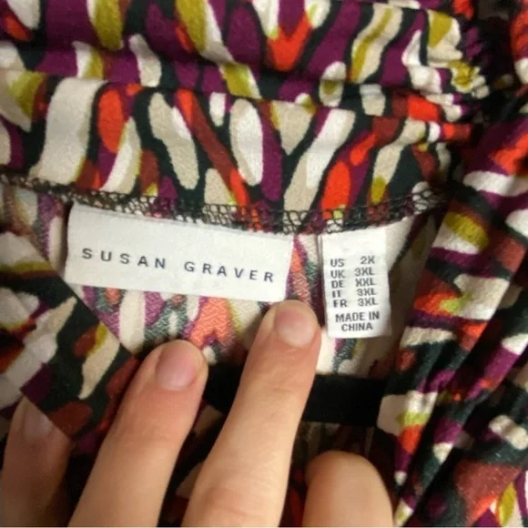 Susan Graver 2X Blouse Ruched Mock Neck Long Sleeve Geometric Shirt Lightweight - Picture 5 of 6